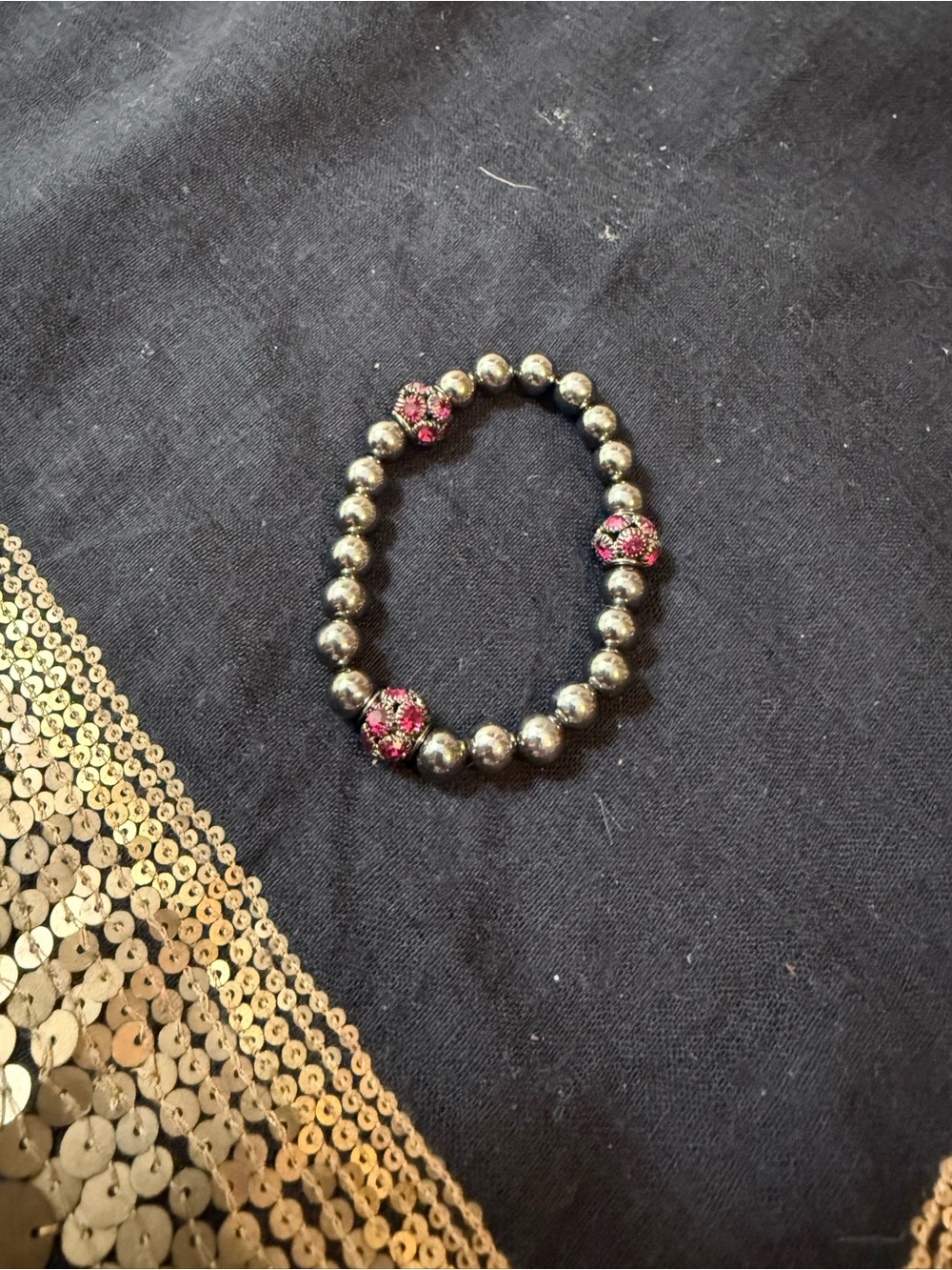 Silver Beaded Stretch Bracelet with Pink Crystal Accents